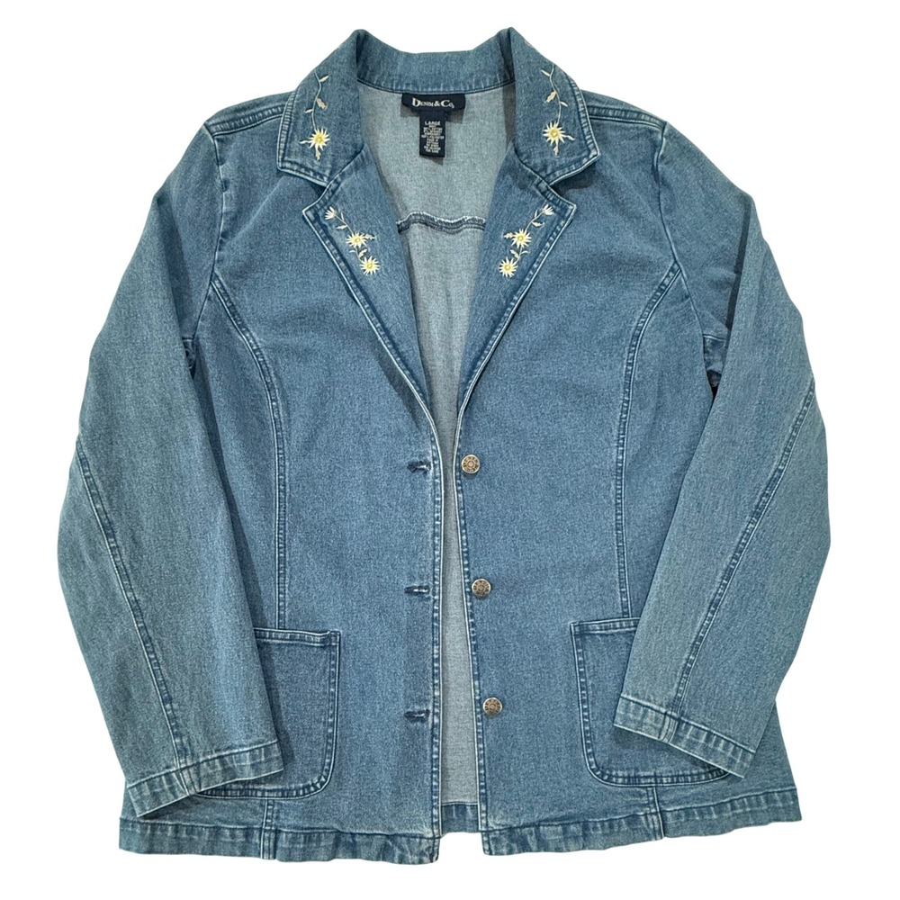 Denim Co Denim Jacket Blue Daisy Embroidered Collar Women's Large W353